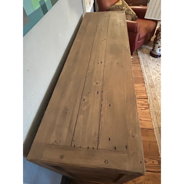 Great looking functional large reclaimed wood sideboard cabinet having 5 drawers and two doors that open to reveal storage...