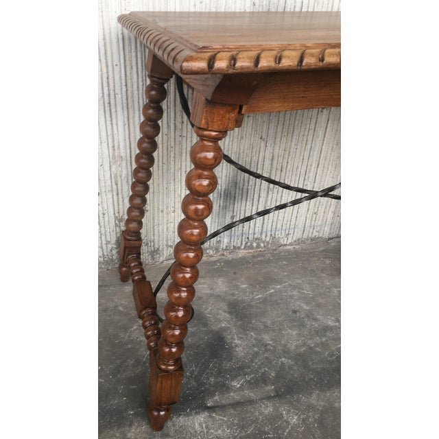 19th Century Spanish Farm Table With Iron Stretchers, Hand Carved Top and Drawer For Sale - Image 11 of 12