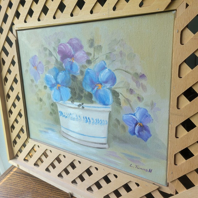 Vintage Raw Wood Lattice Framed Floral Oil Painting by L. Tunnell Ooak Cottage For Sale - Image 10 of 18