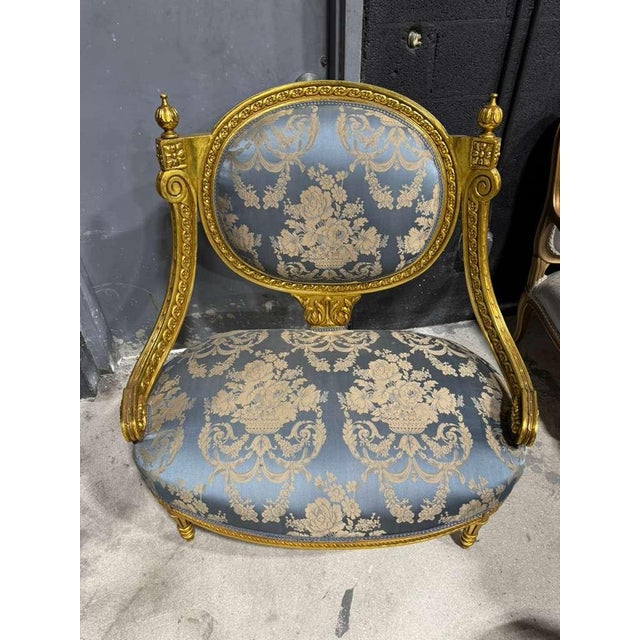 Cerulean French Louis XV Blue Accent Chair With Gold Leaf For Sale - Image 8 of 12