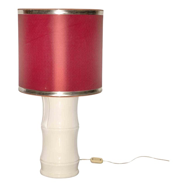 Vintage Bamboo Table Lamp in Ceramic and Brass with Red Shade, Italy, 1970s For Sale