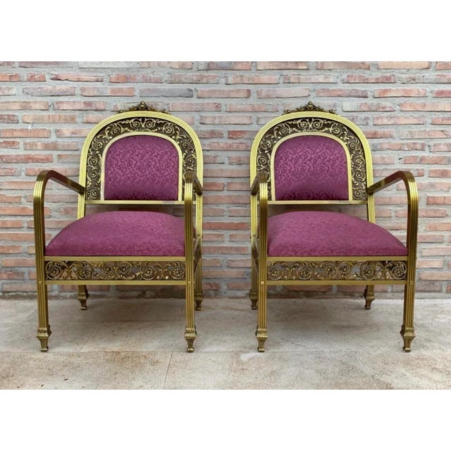 French Pair of Midcentury Gold Brass & Bronze Chairs with Pink Velvet Upholstery Very comfortable chairs with seat and...