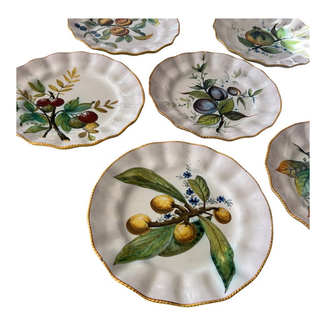 Antique Italian Ceramic Fruit Plates - Set of 6 For Sale