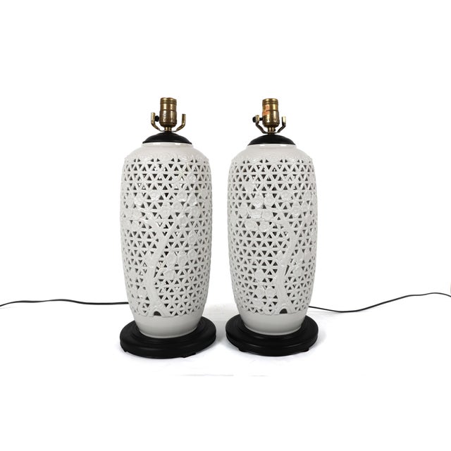 White Vintage Reticulated Blanc De Chine Table Lamps, a Pair For Sale - Image 8 of 15