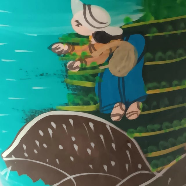 Vintage Mexican Folk Art Vase Handpainted Terracotta Colorful Green Blue Red Glossy 8" X 7" For Sale - Image 12 of 15