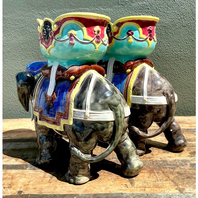 Vintage Glazed Ceramic Polychromed Elephants - A Pair For Sale In West Palm - Image 6 of 12