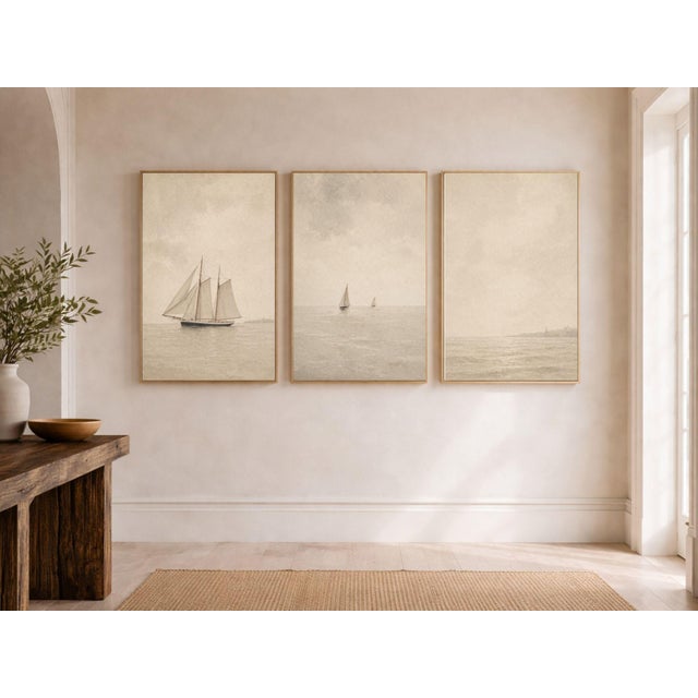 Nautical Coastal Horizon Series, Minimal Sailboat Seascape Art Prints, 24" × 36" (Set of 3) For Sale - Image 3 of 10