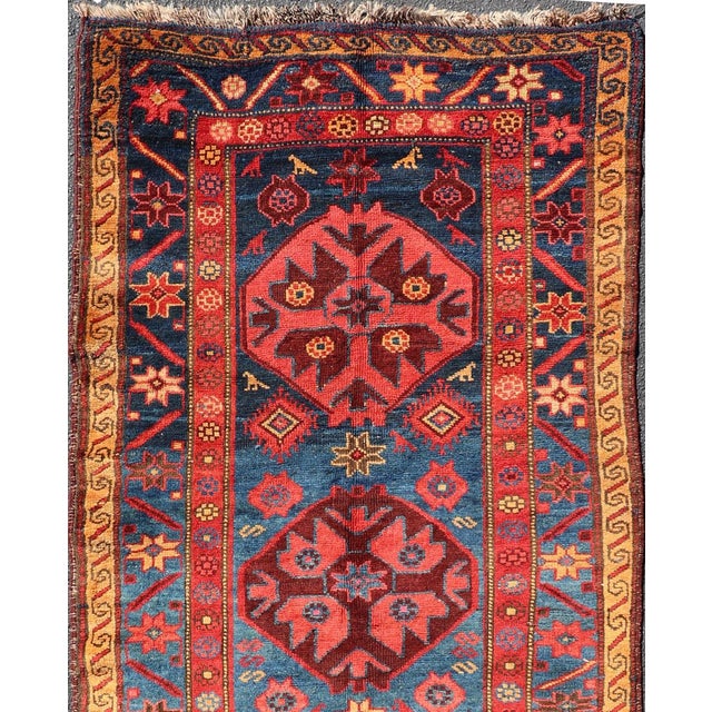 Textile Antique Kurdish Gallery Rug With Indigo Field and Bold Tribal Medallions For Sale - Image 7 of 12