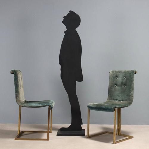 Set of six vintage chairs with brass-plated metal frame, padded seat in foam with original period fabric upholstery in...