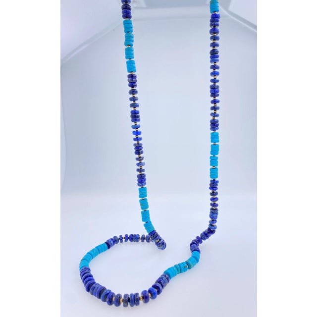 Blue Lapis Lazuli Turquoise Beads 14K Yellow Gold Bead Long Necklace 14K Gold Beads Length 40 inches Beads are around...