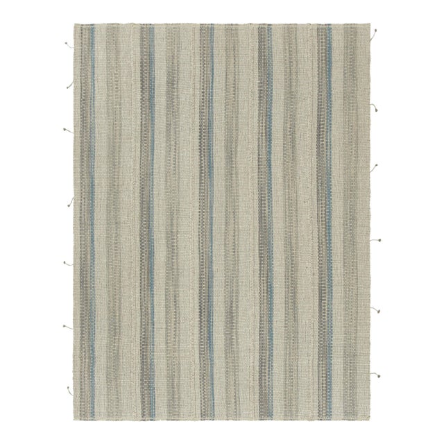 Rug & Kilim’s Contemporary Kilim With Textural Cream, Beige and Blue Stripes For Sale