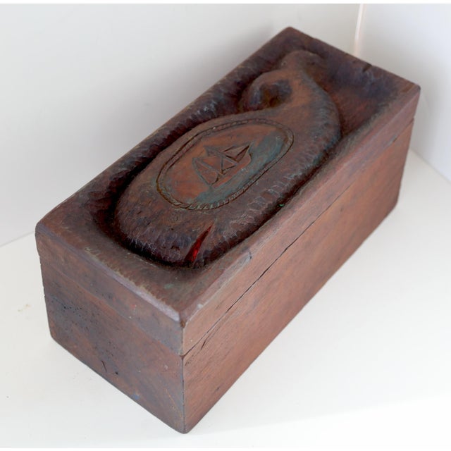 Mid 19th Century Unbelievable Rare Antique Folk Art Hand Carved Solid Wood Box With Whale Schooner Nautical For Sale - Image 5 of 18
