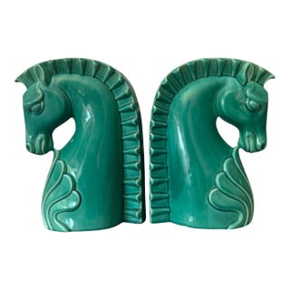 Pair of Art Deco Style Turquoise Ceramic Horse Bookends, 10” Sculptural Figures For Sale