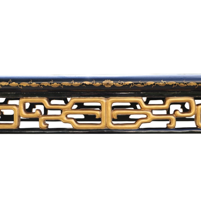 Late 20th Century Black Lacquer Chinoiserie Console Table With Gold Figural Decoration & Scroll Supports For Sale - Image 12 of 18