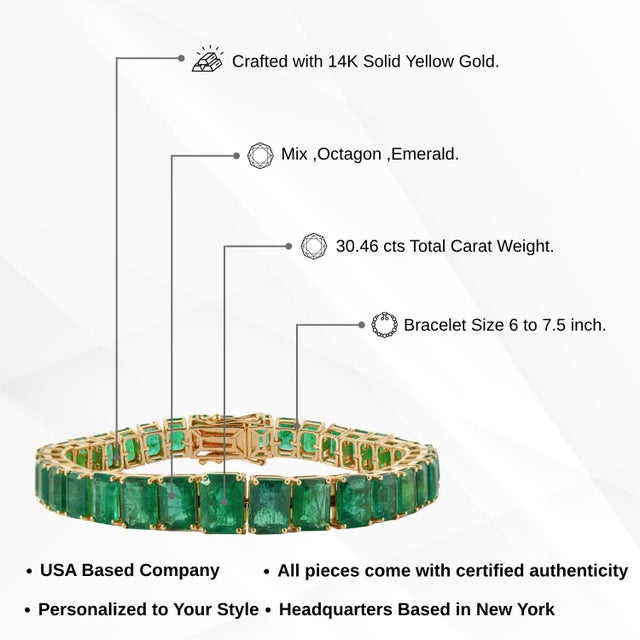 Statement 30.46ct Natural Emerald Vintage Tennis Bracelet in 18k Yellow Gold For Sale - Image 10 of 15