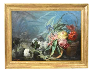 Dahlias, Roses and Hydrangeas, Oil on Canvas, 19th Century, Framed