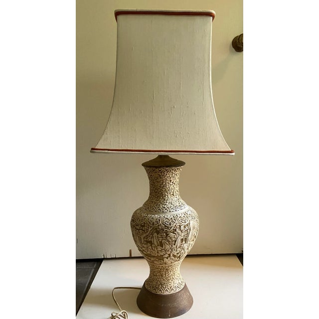 Mid Century Plaster Asian Relief Lamp For Sale - Image 12 of 13