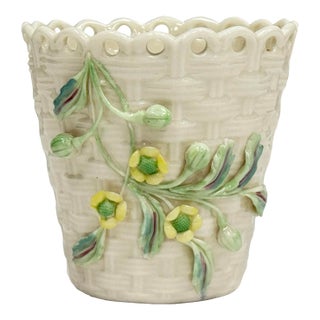 Vintage Belleek Ireland Porcelain Floral Basketweave Motif Spill Vase For Sale