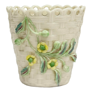 Vintage Belleek Ireland Porcelain Floral Basketweave Motif Spill Vase