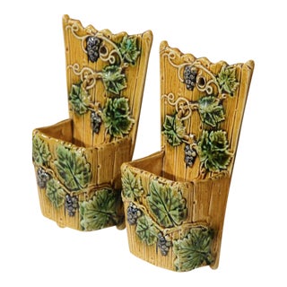 19th Century French Hand-Painted Barbotine Flower Holders with Vines - A Pair For Sale