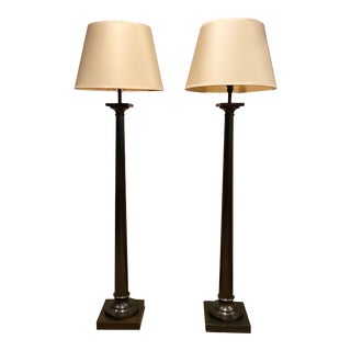 2000s Restoration Hardware Classic Column Floor Lamps in Bronze - a Pair For Sale