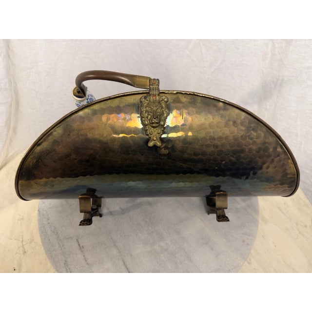 Vintage Hollywood Regency 19" Hammered Brass Log Holder With Lion Heads and Claw Feet For Sale - Image 11 of 12