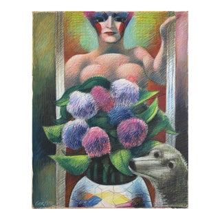 Vintage Expressionist Still Life With Flowers, Dog, and Figure by Jack Gerber For Sale