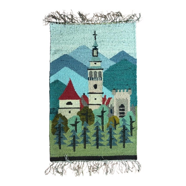 Vintage Cepelia Polish Wool Kilim Tapestry Wall Hanging - Village & Forest 25x44 For Sale