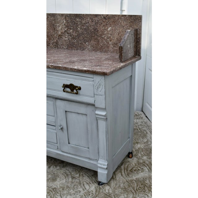 Shabby Chic Antique Walnut Washstand Commode Pink Marble Top Gray Cottage Distressed 1880s For Sale - Image 3 of 12