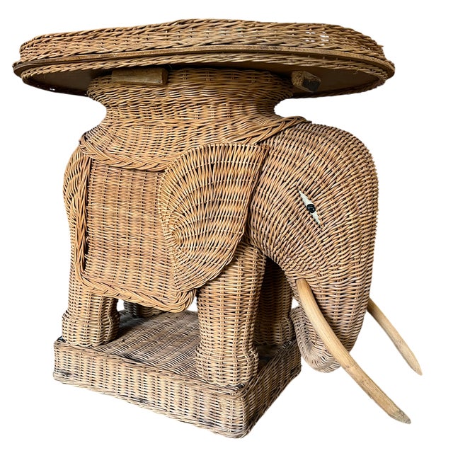 Vintage Woven Wicker Elephant Tray Side Drinks Table With Wood Tusks, Tropical Regency Style For Sale - Image 9 of 13