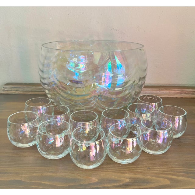 Mid-Century Modern Vintage-Mid Century Draping Iridescent Glass 14 Piece Punch Bowl Set-Includes Glass Ladle Not Pictured For Sale - Image 3 of 9