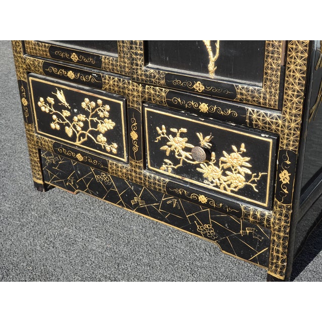 Vintage Oriental Chinese Chinoiserie Black Lacquer Cabinet W Drawers 2of2 For Sale - Image 9 of 18