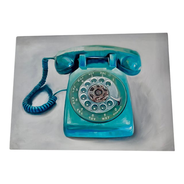 Mid-Century Modern Turquoise Rotary Telephone Still Life Art Print Painting Phone Dial Telephone Oil Board Framed Signed For Sale