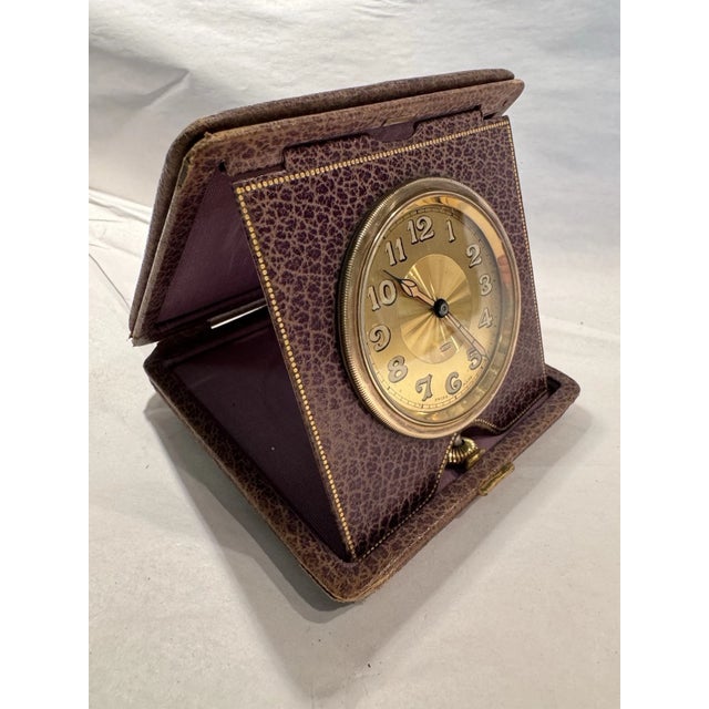 Antique Swiss Art Deco Travel or Desk Clock in Purple Leather Case For Sale - Image 12 of 12