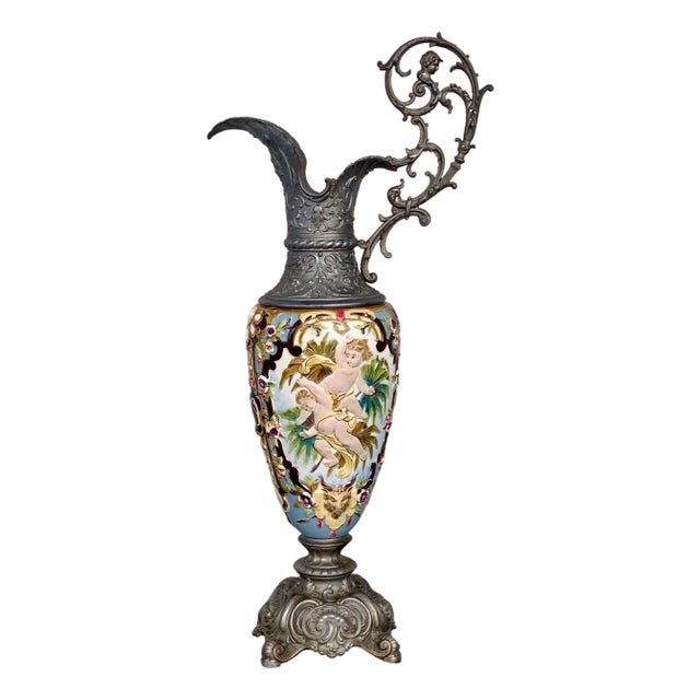 19th Century French Hand Painted Faience Ewer Vase For Sale