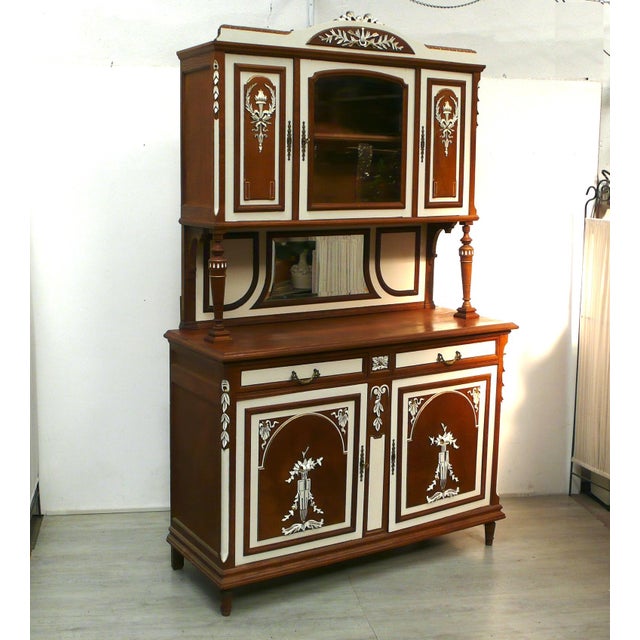 Beautiful antique buffet in solid oak with cream-and-white appliqués from around 1900, wilhelminian / art nouveau period....