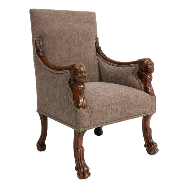 Empire Carved Upholstered Armchair, Neoclassical Style, France, Circa 1820 For Sale