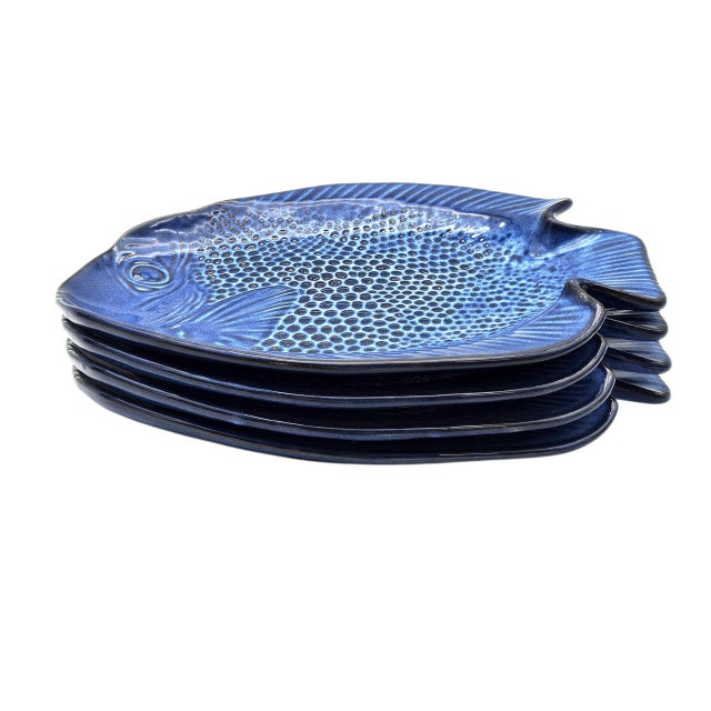 Late 20th Century Vintage Kotobuki Japan Azure Blue Glazed Fish-Form Plates, Set of 4 For Sale - Image 5 of 10
