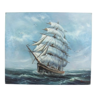 Vintage Oil Painting of Sailing Ship, Clipper or Schooner or Tall Ship Nautical Original Art Signed by Artist Canvas Boat Coastal For Sale