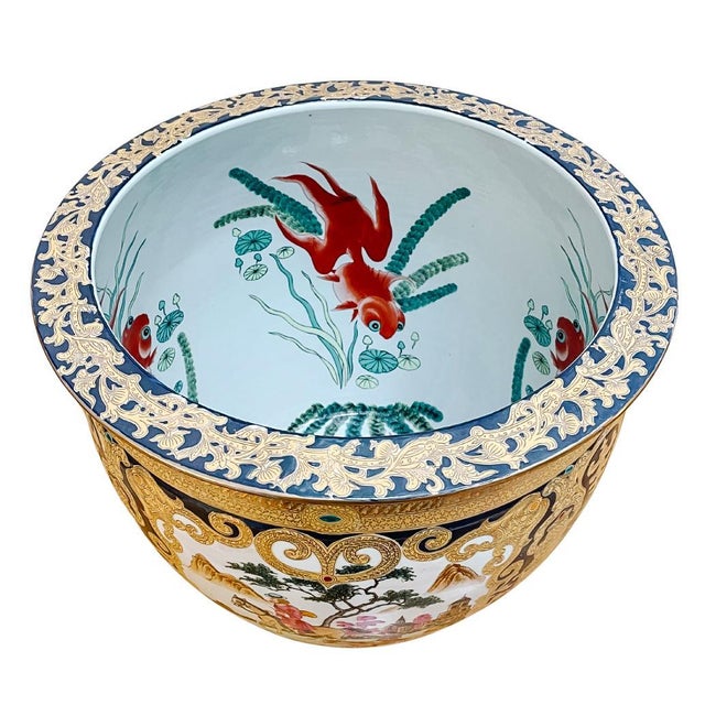 Blue Mid 20th Century Large Chinoiserie Fish Bowl Planter With European Hunting Scenes For Sale - Image 8 of 10