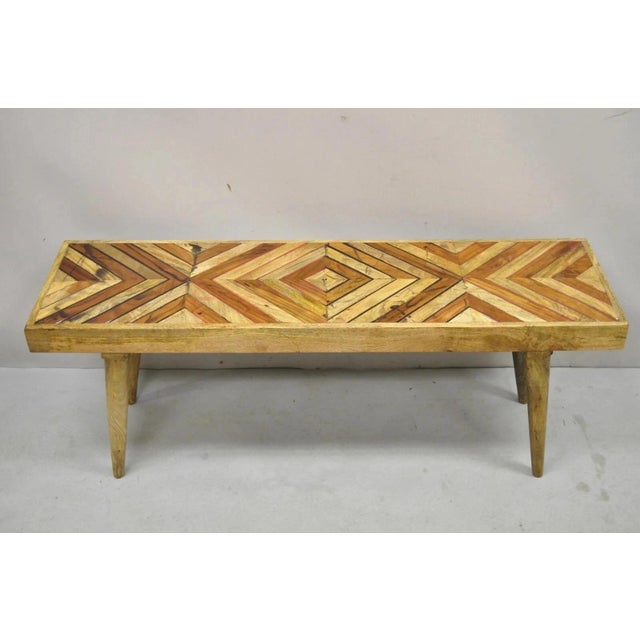 Mid-Century Modern Modern Slatted Wood 48" Geometric Inlay Rustic Farmhouse Coffee Table Bench For Sale - Image 3 of 11