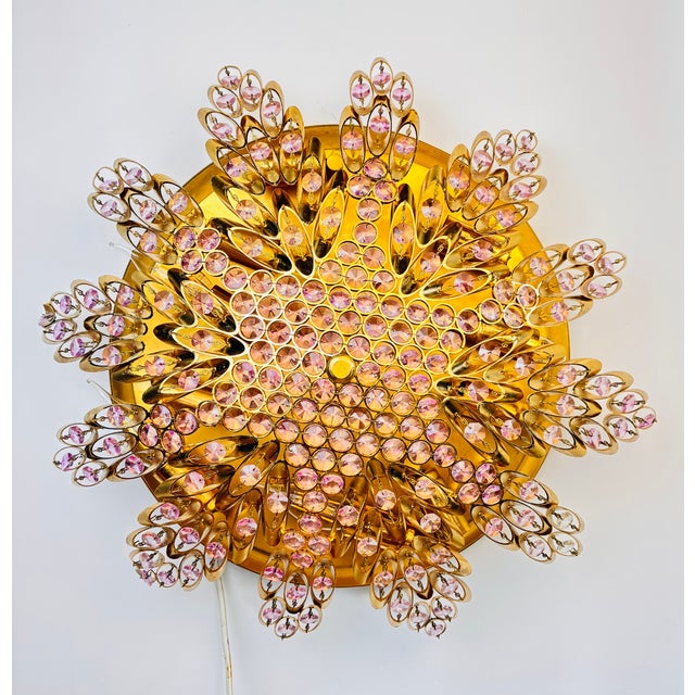 Boho Chic Vintage Brass Sunburst Ceiling Light, Hand-Painted Pink Crystal Beaded Mandala Chandelier, 10-Light Flush Mount For Sale - Image 3 of 18