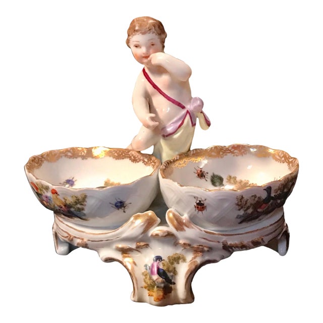19th Century Antique KPM Berlin Porcelain Handpainted Double Salt With Cherub Figurine For Sale