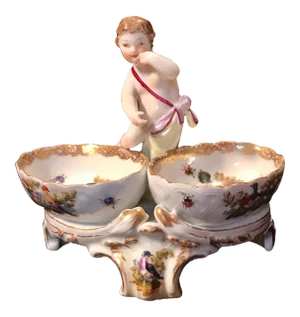 19th Century Antique KPM Berlin Porcelain Handpainted Double Salt With Cherub Figurine