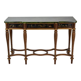1970s John Widdicomb Hollywood Regency Collection by Mario Buatta Chinoiserie & Faux Green Marble Top Console Table For Sale