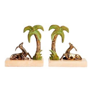 1930s French Deco Antelope & Palm Tree Bookends- a Pair For Sale