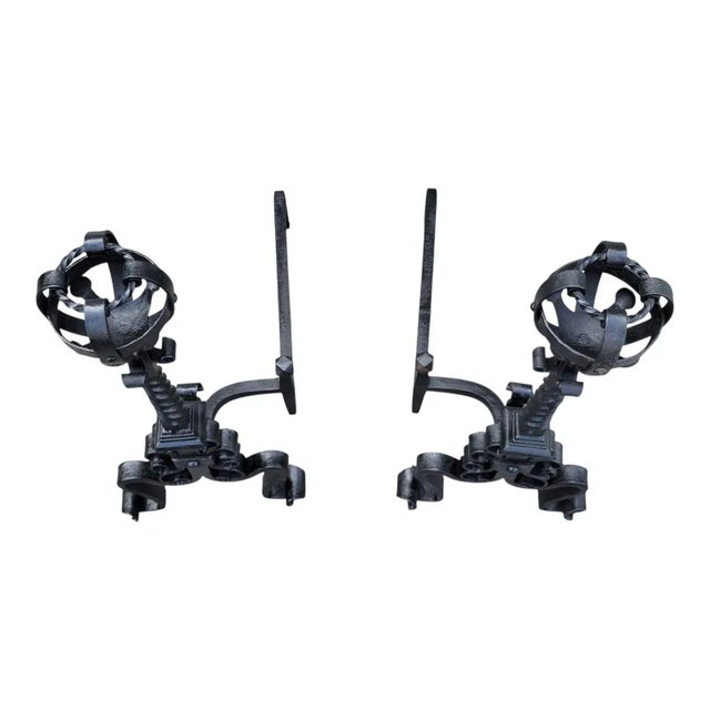 Black Pair of 1920s Wrought Iron Andirons Arts & Crafts Fireplace Antique For Sale - Image 8 of 14