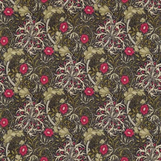 Morris & Co Morris Seaweed Fabric in Ebony/Poppy For Sale