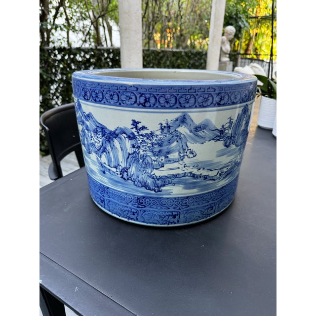 Chinoiserie Blue & White Chinoiserie Large Jardiniere For Sale - Image 3 of 5