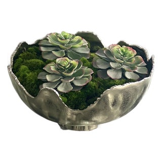 Large Faux Succulent Arrangement in Sculptural Silver Vessel For Sale